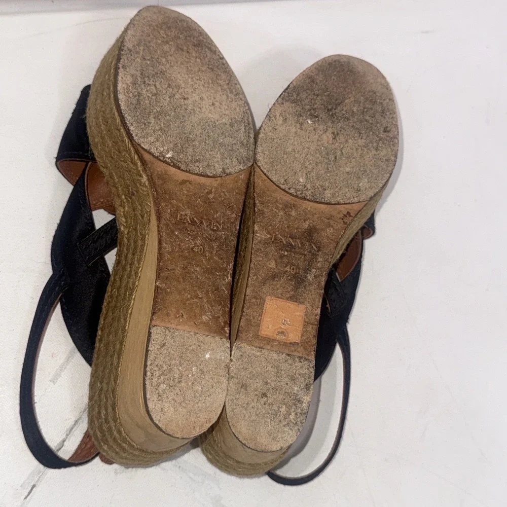 Vintage Y2K Lanvin Black Leather Platform Wood Jute Espadrille Wedge Shoes 40